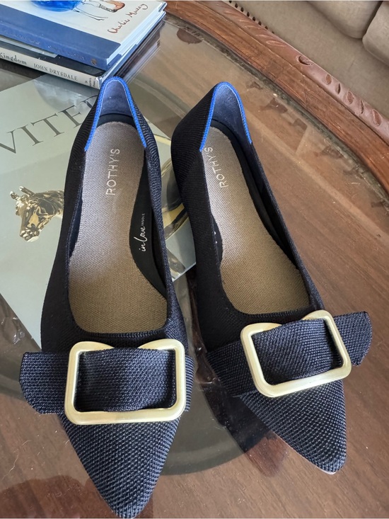 Rothy's Shoes - Rothy's Black Pointed-Toe Flats with Brass Buckle and Blue Trim